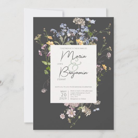 Delicate Boho Wildbloemen Houtskool Bruiloft Kaart (Voorkant)