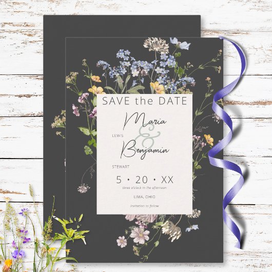 Delicate Boho Wildbloemen Houtskool Bruiloft Save The Date