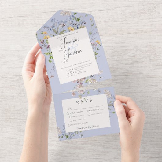 Delicate Boho Wildbloemen Periwinkle Diner All In One Uitnodiging (Afscheurbaar)