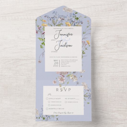 Delicate Boho Wildbloemen Periwinkle Diner All In One Uitnodiging (Binnen)