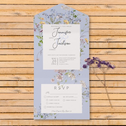 Delicate Boho Wildbloemen Periwinkle Diner All In One Uitnodiging