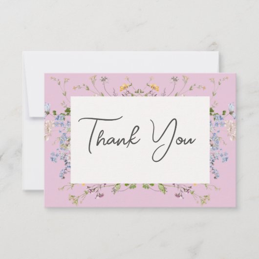 Delicate Boho Wildbloemen Roze Bruiloft Bedankkaart (Voorkant)