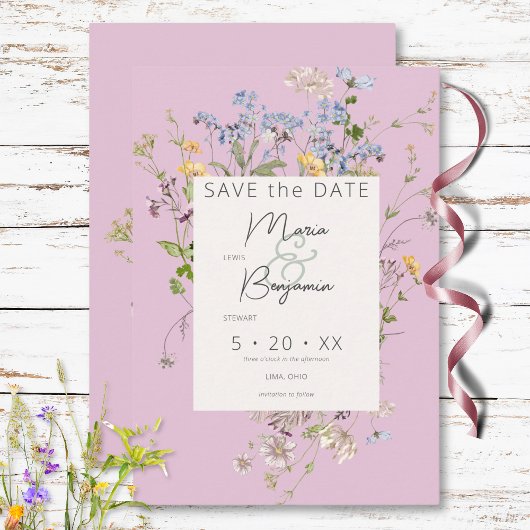Delicate Boho Wildbloemen Roze Bruiloft Save The Date