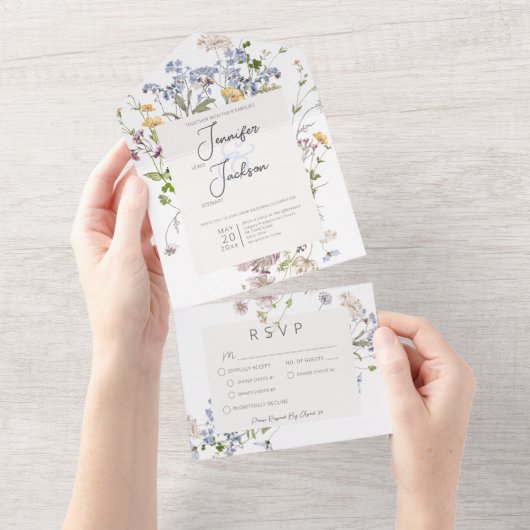 Delicate Boho Wildbloemen Wit diner All In One Uitnodiging (Afscheurbaar)