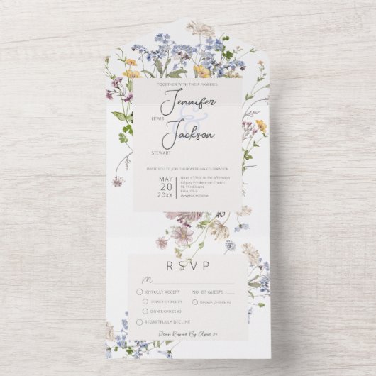 Delicate Boho Wildbloemen Wit diner All In One Uitnodiging (Binnen)