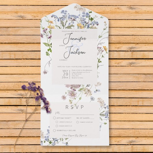 Delicate Boho Wildbloemen Wit diner All In One Uitnodiging