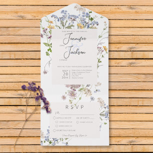 Delicate Boho Wildbloemen Wit diner All In One Uitnodiging