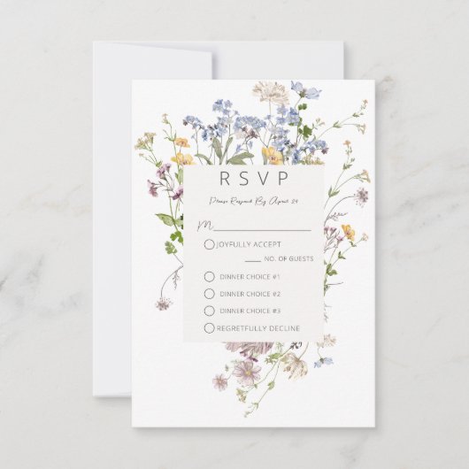 Delicate Boho Wildbloemen Wit Drie Diner RSVP Kaartje (Voorkant)