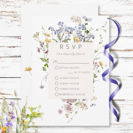 Delicate Boho Wildbloemen Wit Drie Diner RSVP Kaartje