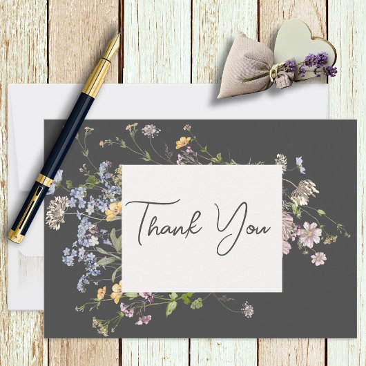 Delicate Boho Wilde Bloemen Charcoal Bedankkaart
