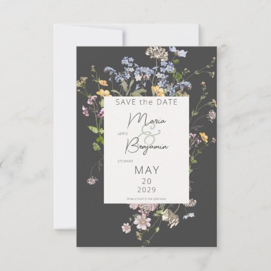 Delicate Boho Wilde Bloemen Charcoal Bruiloft Save The Date (Voorkant)