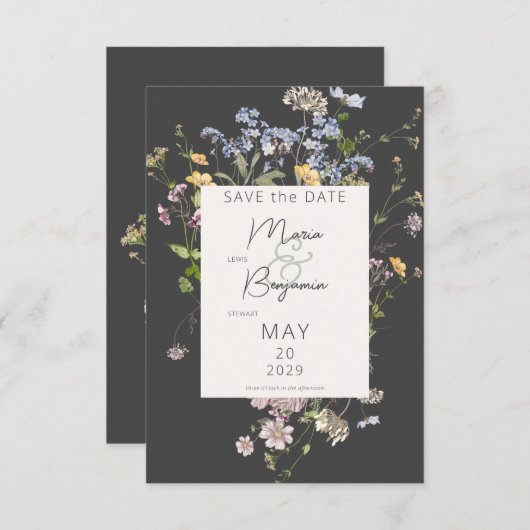 Delicate Boho Wilde Bloemen Charcoal Bruiloft Save The Date (Voorkant / Achterkant)