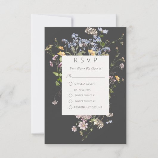 Delicate Boho Wilde Bloemen Charcoal RSVP Kaartje (Voorkant)
