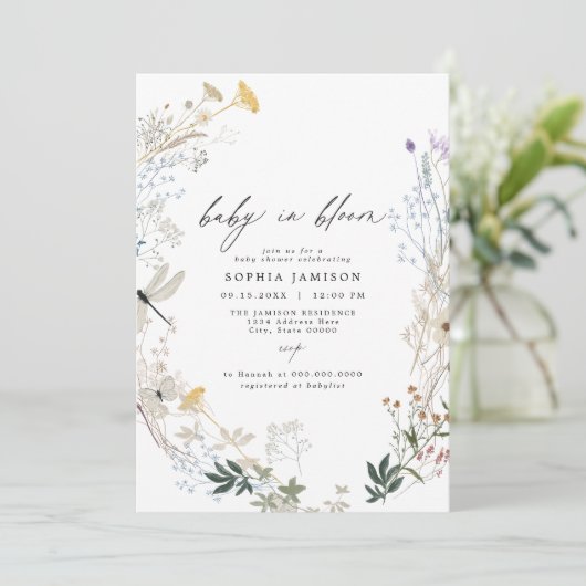 Delicate Boho Wildflower Baby in Bloom Baby shower Kaart (Staand voorkant)