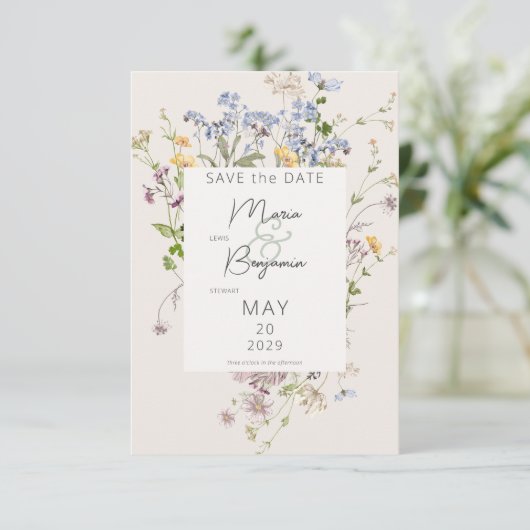 Delicate Boho Wildflower Cream Bruiloft Save The Date (Staand voorkant)
