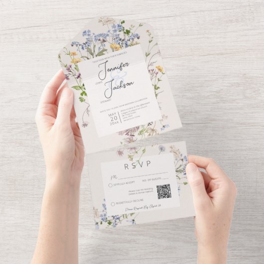 Delicate Boho Wildflower Cream QR-code All In One Uitnodiging (Afscheurbaar)
