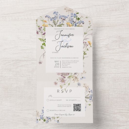 Delicate Boho Wildflower Cream QR-code All In One Uitnodiging (Binnen)