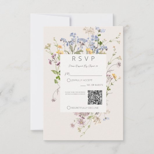 Delicate Boho Wildflower Cream QR Code Bruiloft RSVP Kaartje (Voorkant)