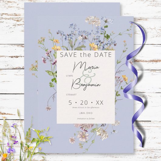 Delicate Boho Wildflower Periwinkle Bruiloft Save The Date