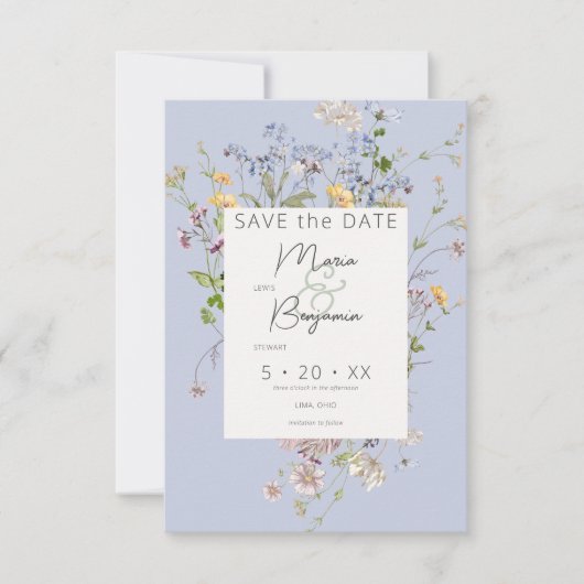 Delicate Boho Wildflower Periwinkle Bruiloft Save The Date (Voorkant)