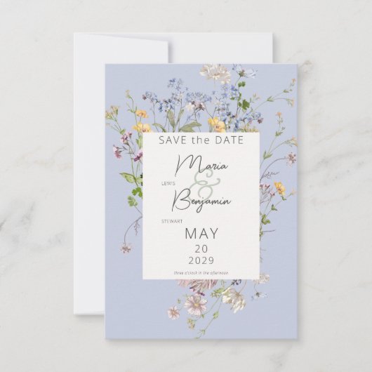 Delicate Boho Wildflower Periwinkle Bruiloft Save The Date (Voorkant)