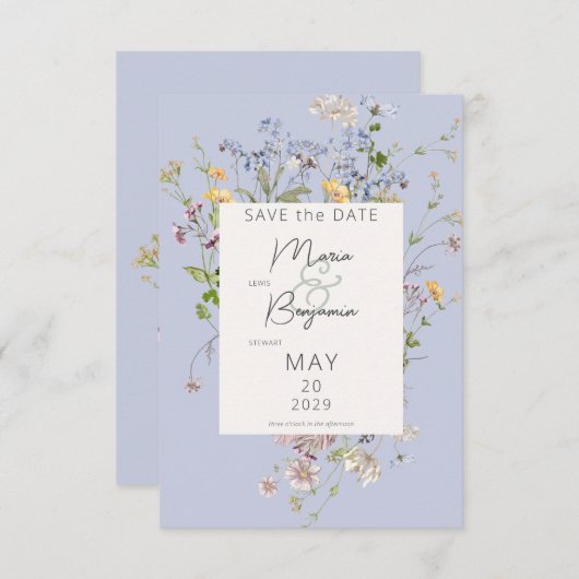 Delicate Boho Wildflower Periwinkle Bruiloft Save The Date (Voorkant / Achterkant)