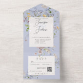 Delicate Boho Wildflower Periwinkle QR-code All In One Uitnodiging (Binnen)