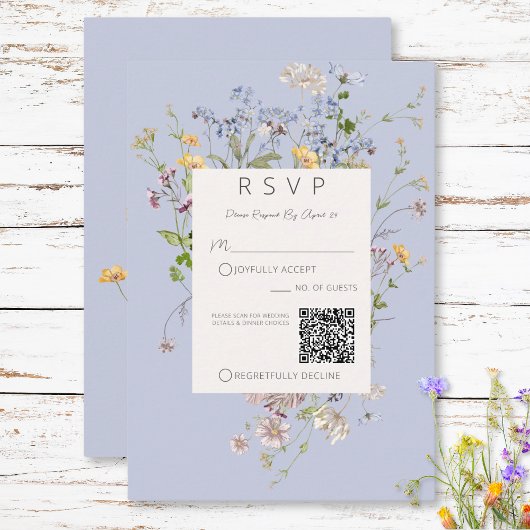 Delicate Boho Wildflower Periwinkle QR-code RSVP Kaartje