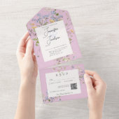 Delicate Boho Wildflower Roze QR-code All In One Uitnodiging (Afscheurbaar)