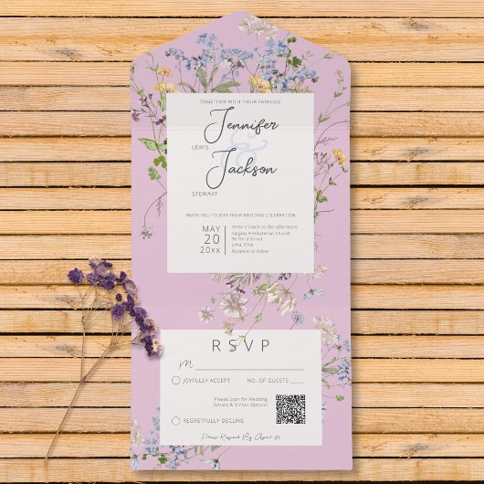Delicate Boho Wildflower Roze QR-code All In One Uitnodiging