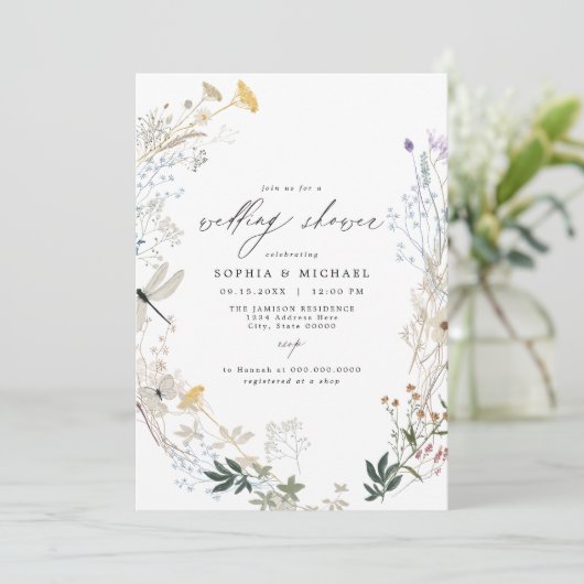 Delicate Boho Wildflower Vlinder Trouwdouche Kaart (Staand voorkant)