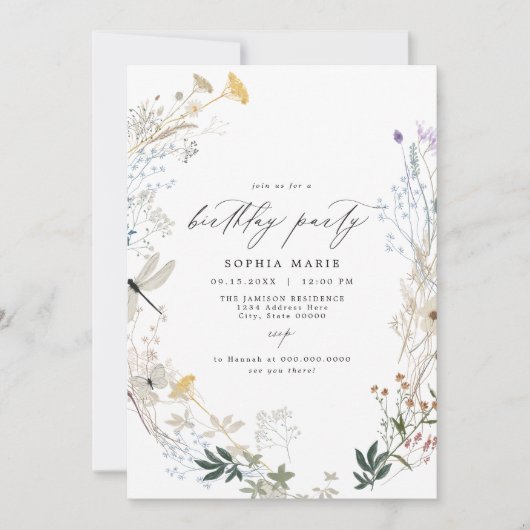 Delicate Boho Wildflower Vlinder Verjaardagsfeest Kaart (Voorkant)