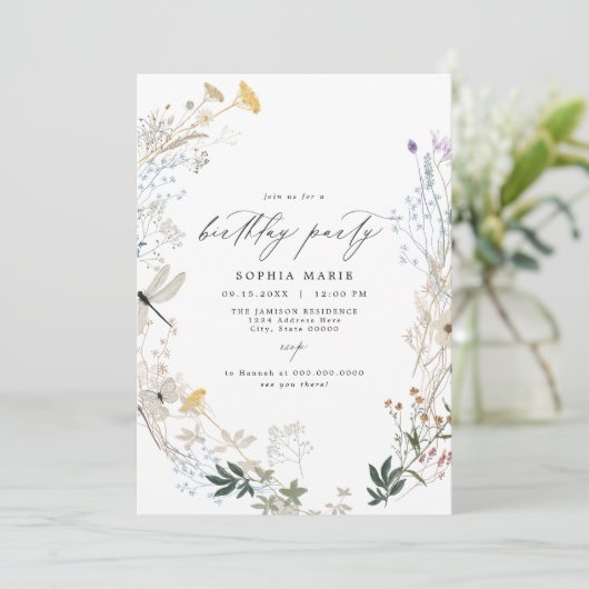 Delicate Boho Wildflower Vlinder Verjaardagsfeest Kaart (Staand voorkant)