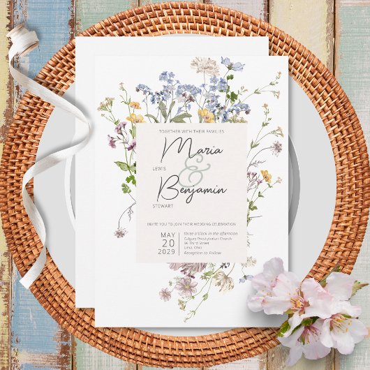 Delicate Boho Wildflower White Wedding Invitation Kaart