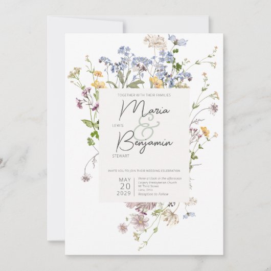 Delicate Boho Wildflower White Wedding Invitation Kaart (Voorkant)