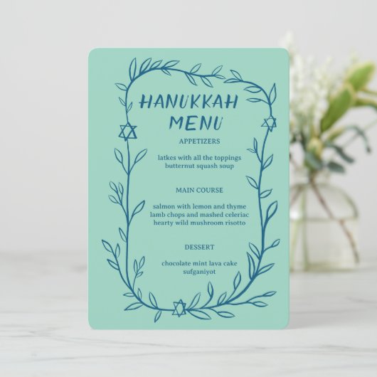 Delicate Botanical Hanukkah Party Dinner CUSTOM  Menu (Staand voorkant)