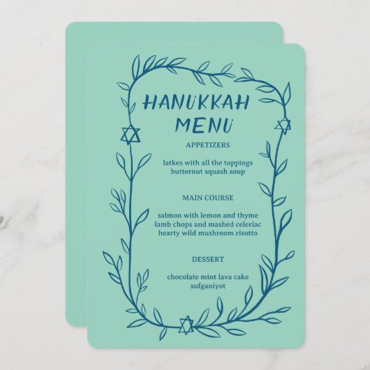 Delicate Botanical Hanukkah Party Dinner CUSTOM Menu (Voorkant / Achterkant)