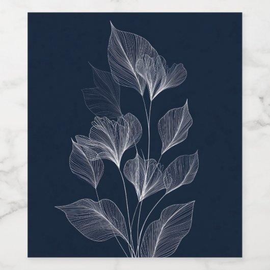 Delicate Botanical Line Art op Deep Navy Wijn Etiket (Enkel label)