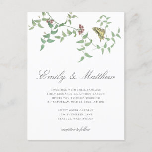 Delicate Botanische Boterfly Wedding Uitnodiging
