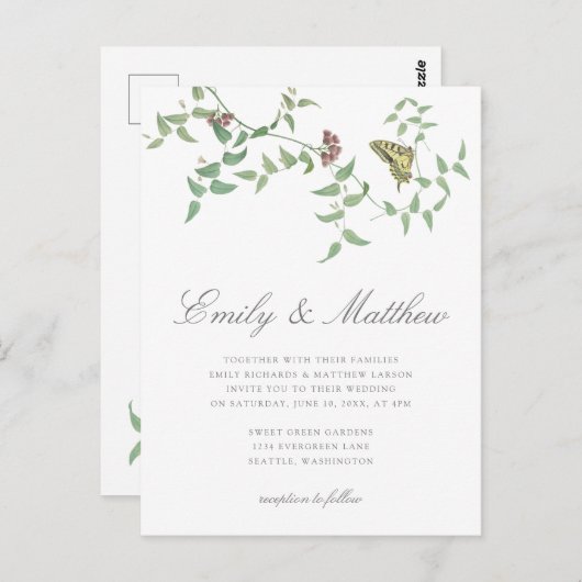 Delicate Botanische Boterfly Wedding  Uitnodiging (Voorkant / Achterkant)