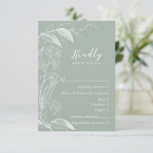 Delicate Botanische Sage Green RSVP Response Kaart (Staand voorkant)