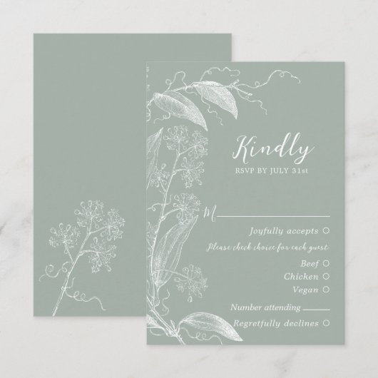 Delicate Botanische Sage Green RSVP Response Kaart (Voorkant / Achterkant)