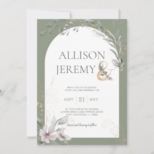 Delicate Botanische Wijze Groene Boog Bruiloft Uit Kaart (Voorkant)