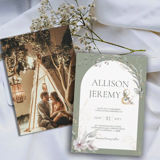 Delicate Botanische Wijze Groene Boog Bruiloft Uit Kaart