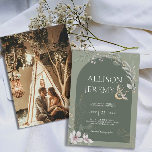 Delicate Botanische Wijze Groene Boog Bruiloft Uit Kaart