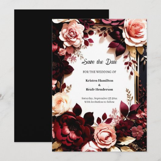 Delicate Bourgogne Botanische Save The Date (Voorkant / Achterkant)