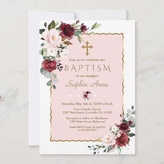 Delicate Bourgondië Blush Bloemen Gouden Kruis Doo Kaart (Voorkant)