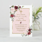 Delicate Bourgondië Blush Bloemen Gouden Kruis Doo Kaart (Staand voorkant)