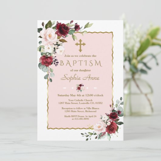 Delicate Bourgondië Blush Bloemen Gouden Kruis Doo Kaart (Staand voorkant)