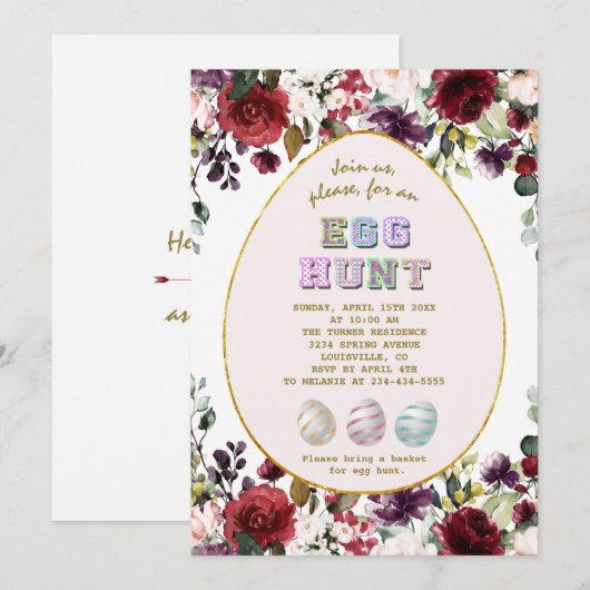 Delicate Bourgondische bloemen Gouden Ei Hunt Pase Kaart (Voorkant / Achterkant)